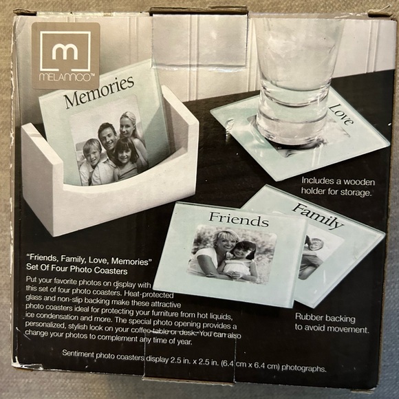 New in Box Melannco white photo coasters 4 pack with holder - Picture 2 of 5